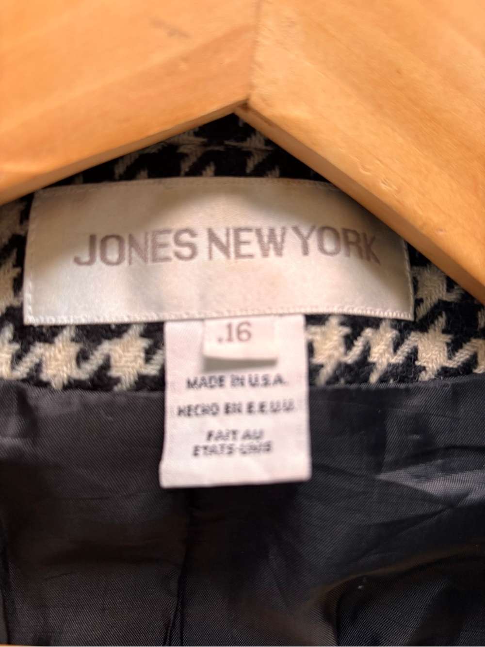 Vintage Jones New York 100% Wool Houndstooth Blazer - Made in USA - Sz 16